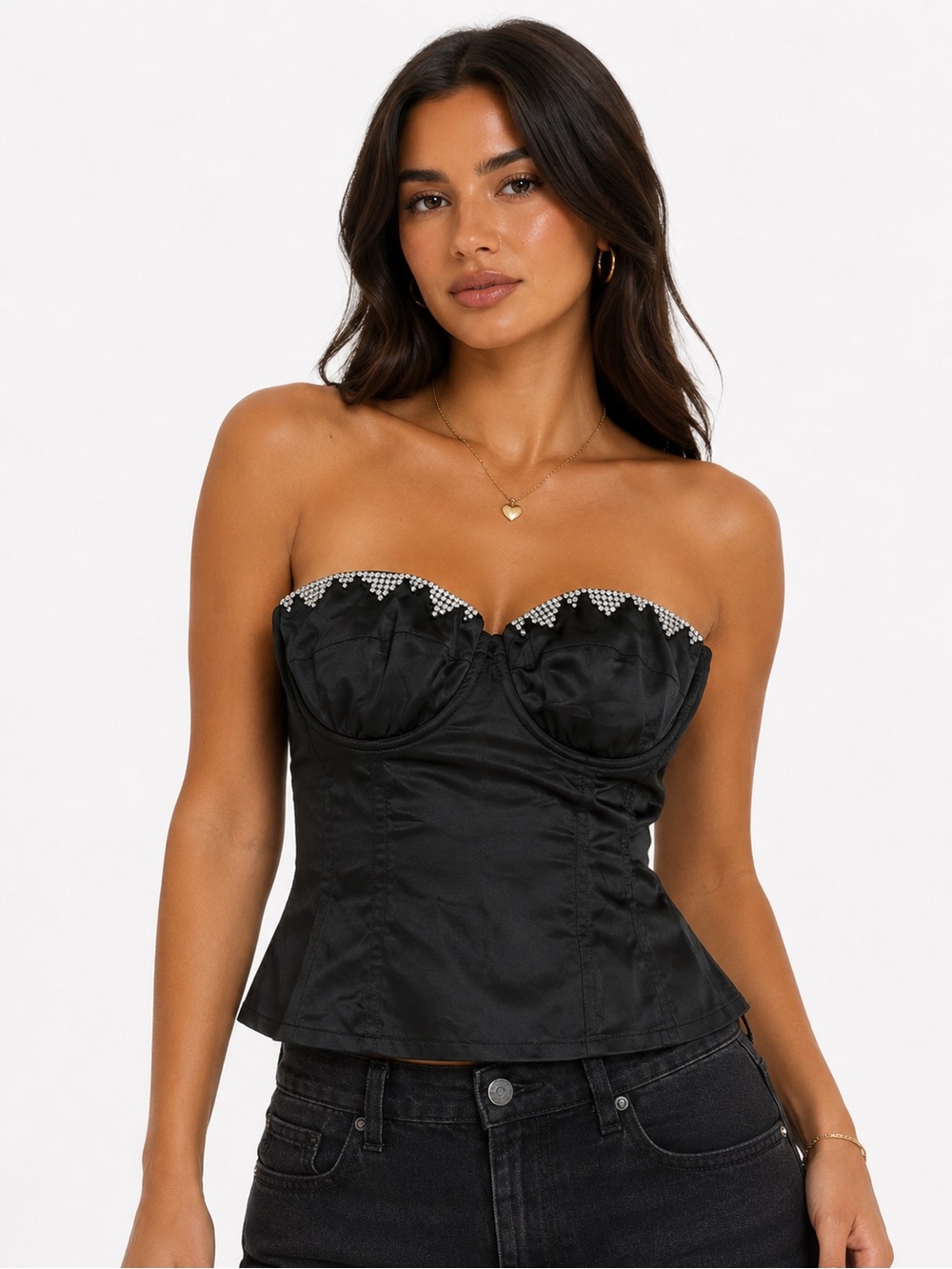 90s Greek European Vintage Satin Rhinestone Bust Strapless Corset Top (Black) M
